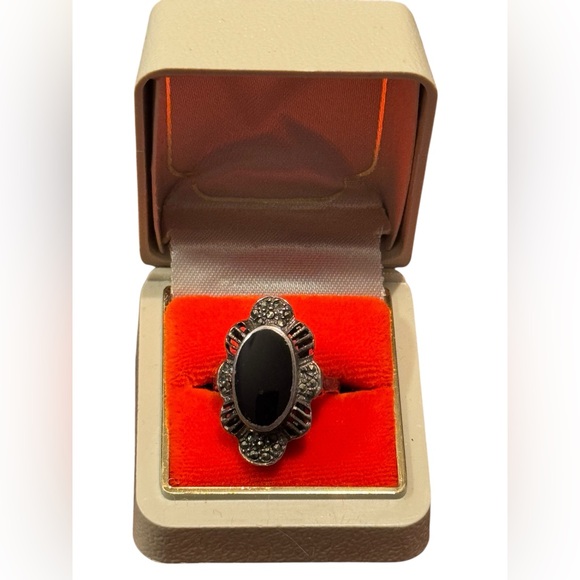 Vintage Sterling Silver 925 Black Onyx Marcasite Fancy Ring - Picture 1 of 4